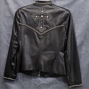 Double D Ranch black Leather studded Jacket cross design zip front RTL $995 S